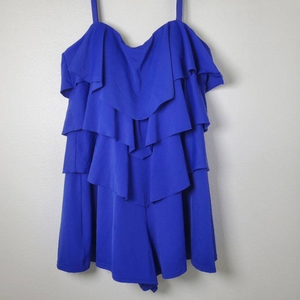 Fit 4 U Women's Blue Ruffle Tiered Sleeveless Swim Romper‎ One Piece Swimsuit - Picture 14 of 14